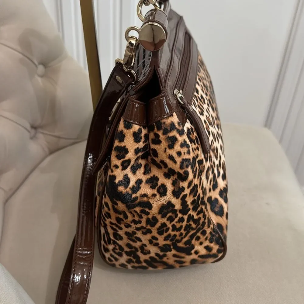 Sharif Leopard Print Satchel with Rose Gold Sequined Flap and Brown Trim